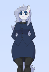 Size: 1344x1960 | Tagged: safe, artist:skecchiart, oc, oc only, oc:platinum decree, unicorn, anthro, blazer, blue background, businessmare, clothes, ear piercing, earring, eyeshadow, female, garter belt, hands behind back, jewelry, looking at you, looking down, makeup, mare, milf, not impressed, pantyhose, piercing, ribbon, simple background, skirt, skirt suit, solo, suit