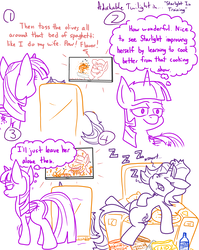 Size: 4779x6013 | Tagged: safe, artist:adorkabletwilightandfriends, starlight glimmer, twilight sparkle, oc, oc:tony, alicorn, pony, unicorn, comic:adorkable twilight and friends, g4, absurd resolution, adorkable twilight, butt, chair, comic, cooking, couch, food, humor, junk food, lazy, lineart, messy eating, nostril flare, nostrils, pasta, pleased, plot, sleeping, slice of life, slob, snacks, spaghetti, twilight sparkle (alicorn), z, zzz