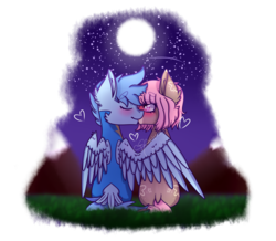 Size: 2894x2519 | Tagged: safe, artist:honeybbear, oc, oc only, pegasus, pony, clothes, female, high res, kissing, male, mare, moon, night, oc x oc, shipping, simple background, sitting, stallion, straight, tail feathers, transparent background, uniform, wonderbolt trainee uniform