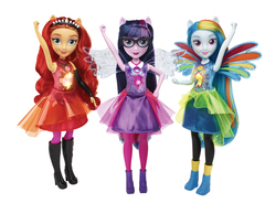 Size: 2393x1861 | Tagged: safe, rainbow dash, sunset shimmer, twilight sparkle, equestria girls, equestria girls specials, g4, my little pony equestria girls: better together, my little pony equestria girls: forgotten friendship, official, doll, female, irl, merchandise, photo, ponied up, simple background, toy, white background