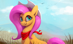 Size: 1200x736 | Tagged: safe, artist:rodrigues404, fluttershy, bird, pegasus, pony, g4, bandana, cloud, cowboy hat, female, hat, looking at you, mare, sky, solo, wings