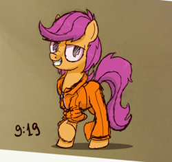 Size: 900x850 | Tagged: safe, artist:hc0, scootaloo, pony, g4, clothes, colored sketch, female, jumpsuit, solo