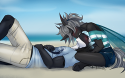 Size: 3070x1917 | Tagged: safe, artist:askbubblelee, oc, oc only, oc:imago, oc:mako, changeling, earth pony, hybrid, orca pony, original species, anthro, unguligrade anthro, anthro oc, backless, beach, biceps, blushing, changeling oc, clothes, couple, cricketfish, curved horn, cute, cute little fangs, cuteling, duo, eyelashes, eyes closed, fangs, female, folded wings, hairband, happy, head on lap, heartwarming, horn, kissing, legs, male, ocbetes, off shoulder, ponytail, romantic, shirt, shorts, shoulderless, smiling, sparkles, straight, underhoof, upside down kiss, wings