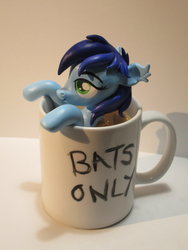 Size: 1024x1365 | Tagged: safe, artist:earthenpony, oc, oc only, oc:blue bat, bat pony, pony, coffee, coffee cup, coffee mug, cup, cup of pony, irl, micro, mug, photo, sculpture, solo, traditional art