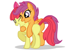Size: 2100x1500 | Tagged: safe, artist:theoutli3r, apple bloom, scootaloo, earth pony, pony, g4, cute, hug, one eye closed, simple background, trace, transparent background, wink