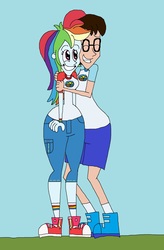 Size: 1529x2329 | Tagged: safe, artist:hunterxcolleen, rainbow dash, oc, oc:stewart gary, equestria girls, g4, my little pony equestria girls: legend of everfree, 1000 hours in ms paint, camp everfree outfits, camping outfit, creepy, duo, female, hug, male, pairings, self insert, smiling, squeezing, straight, wat, why