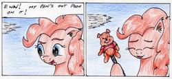 Size: 2219x1025 | Tagged: safe, artist:40kponyguy, derpibooru exclusive, pinkie pie, earth pony, pony, g4, comic, ear fluff, eyes closed, female, laughing, male, pen, pooh, pun, solo, traditional art, winnie the pooh