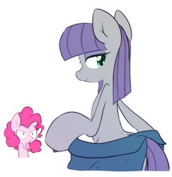 Size: 1992x2048 | Tagged: safe, artist:akainu_pony, maud pie, pinkie pie, earth pony, pony, g4, bipedal, clothes, duo, female, looking back, mare, open mouth, shocked, shocked expression, simple background, sisters, undressing, we don't normally wear clothes, white background