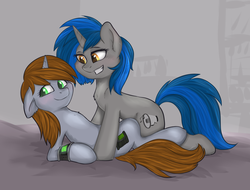Size: 1882x1429 | Tagged: safe, artist:haruhi-il, oc, oc:homage, oc:littlepip, pony, unicorn, fallout equestria, bed, duo, fanfic, fanfic art, female, floppy ears, hooves, horn, lesbian, mare, oc x oc, pipbuck, ship:pipmage, shipping, smiling, teeth