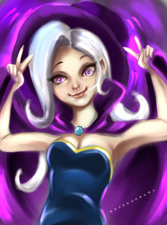 Size: 716x960 | Tagged: safe, artist:bunsogen, trixie, human, g4, armpits, breasts, cape, cleavage, clothes, dress, female, hat, humanized, peace sign, smiling, solo, trixie's cape, trixie's hat