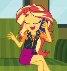 Size: 717x760 | Tagged: safe, screencap, sunset shimmer, equestria girls, g4, my little pony equestria girls: better together, text support, text support: sunset shimmer, adorasexy, cellphone, couch, cropped, crossed legs, cute, female, geode of empathy, legs, magical geodes, phone, sexy, shimmerbetes, sitting, smartphone, solo, talking