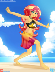 Size: 2300x3000 | Tagged: safe, artist:minusclass, sunset shimmer, equestria girls, equestria girls series, forgotten friendship, g4, ankles, armpits, barefoot, beach, belly button, clothes, cute, feet, female, high res, moe, ocean, patreon, patreon logo, sand, sarong, skirt, solo, swimsuit