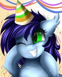 Size: 1424x1764 | Tagged: safe, artist:pridark, oc, oc only, oc:blue bat, bat pony, pony, bat pony oc, birthday, bust, chest fluff, commission, cute, green eyes, hat, ocbetes, party hat, portrait, solo