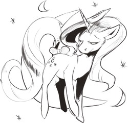 Size: 1280x1234 | Tagged: safe, artist:imsokyo, moondancer, pony, unicorn, g4, black and white, bow, female, grayscale, lidded eyes, mare, monochrome, solo, tail bow