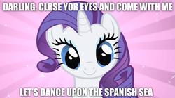 Size: 1600x900 | Tagged: safe, edit, edited screencap, screencap, rarity, pony, unicorn, a dog and pony show, g4, darling, female, image macro, impact font, looking at you, lyrics, mare, meme, solo, song reference, spanish sea, sunburst background, text, toto (band), youtube link