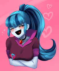 Size: 783x947 | Tagged: safe, artist:rileyav, sonata dusk, equestria girls, g4, bust, crossed arms, crying, eyes closed, fangs, female, gem, heart, laughing, siren gem, solo, tears of laughter