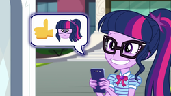 Size: 1920x1080 | Tagged: safe, screencap, sci-twi, twilight sparkle, human, equestria girls, equestria girls series, g4, text support, text support: rarity, :d, c:, canterlot high, cellphone, cute, emoji, female, geode of telekinesis, glasses, magical geodes, phone, pictogram, ponytail, smiling, solo, texting, twiabetes, youtube, 👍