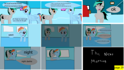 Size: 3904x2212 | Tagged: safe, artist:mellowbomb, rainbow dash, oc, oc:closingrain, comic:calamity fateful, g4, 1000 hours in ms paint, comic, dialogue, high res