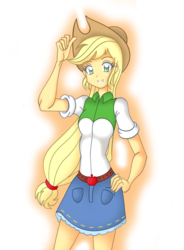 Size: 1800x2449 | Tagged: safe, artist:grandzebulon, applejack, equestria girls, g4, belt, clothes, cowboy hat, cute, denim skirt, female, freckles, hand on hip, hat, looking at you, simple background, skinny, skirt, smiling, solo, stetson, thin