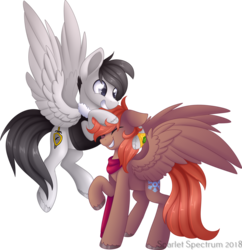 Size: 1024x1059 | Tagged: safe, artist:scarlet-spectrum, oc, oc only, oc:silver wing, oc:winterlight, pegasus, pony, clothes, duo, eyes closed, flying, scarf, simple background, transparent background