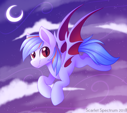 Size: 1575x1401 | Tagged: safe, artist:scarlet-spectrum, oc, oc only, bat pony, pony, bat pony oc, cloud, crescent moon, flying, moon, solo, transparent moon