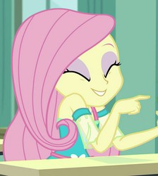 Size: 894x1000 | Tagged: safe, screencap, fluttershy, a little birdie told me, equestria girls, equestria girls series, g4, beautiful, clothes, cute, desk, dress, eyes closed, eyeshadow, female, fluttershy boho dress, geode of fauna, magical geodes, makeup, shyabetes, smiling, tickling, window