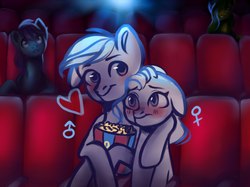 Size: 2560x1914 | Tagged: safe, artist:baid-woo, oc, cinema, commission, female, food, male, mare, popcorn, side hug, stallion, your character here