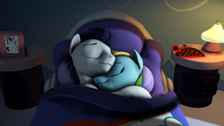 Size: 1920x1080 | Tagged: safe, artist:jachau, artist:sunomii, rainbow dash, soarin', pony, g4, 3d, bed, box of chocolates, cute, dashabetes, female, flower, hearts and hooves day, male, rose, ship:soarindash, shipping, sleeping, snuggling, soarinbetes, source filmmaker, straight