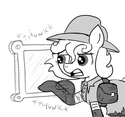 Size: 640x600 | Tagged: safe, artist:ficficponyfic, oc, oc only, oc:lockepicke, cyoa:the wizard of logic tower, bag, bolt, boots, clothes, coat, cyoa, hat, hitting, leg wraps, mirror, monochrome, shoes, story included