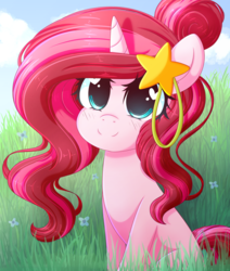 Size: 3375x3974 | Tagged: safe, artist:fluffymaiden, oc, oc only, oc:neophyte, pony, unicorn, cute, female, grass, heart eyes, high res, mare, sitting, smiling, solo, wingding eyes