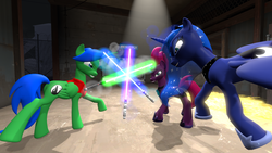 Size: 1280x720 | Tagged: safe, artist:omegadawn76, princess luna, tempest shadow, oc, oc:prince lightning chaser, g4, my little pony: the movie, 3d, fun, gmod, grin, lightsaber, looking at you, smiling, sparring, star wars, weapon