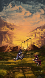 Size: 1168x2000 | Tagged: safe, artist:hagalazka, oc, duo, flower, grass, mountain, scenery, swing, tree