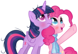 Size: 1024x712 | Tagged: safe, artist:xmelodyskyx, pinkie pie, twilight sparkle, alicorn, pony, g4, base used, blushing, clothes, cutie mark, folded wings, frizzy hair, looking up, open mouth, scarf, simple background, transparent background, twilight sparkle (alicorn), wrong eye color, x x everywhere