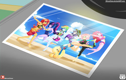 Size: 4299x2730 | Tagged: safe, alternate version, artist:minusclass, applejack, fluttershy, pinkie pie, rainbow dash, rarity, sci-twi, sunset shimmer, twilight sparkle, equestria girls, equestria girls specials, g4, my little pony equestria girls: better together, my little pony equestria girls: forgotten friendship, armpits, balancing, barefoot, beach, belly button, bikini, clothes, feet, high res, humane five, humane seven, humane six, midriff, patreon, patreon logo, sand, swimsuit