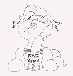 Size: 1280x1336 | Tagged: safe, artist:pabbley, pinkie pie, earth pony, pony, g4, 30 minute art challenge, eating, eyes closed, female, food, mare, monochrome, open mouth, sitting, snack, solo
