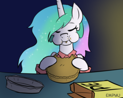 Size: 1000x800 | Tagged: safe, artist:empyu, princess celestia, pony, g4, 30 minute art challenge, cheek bulge, clothes, eating, eyes closed, female, food, horn, long horn, mare, messy eating, missing accessory, nom, pie, puffy cheeks, solo