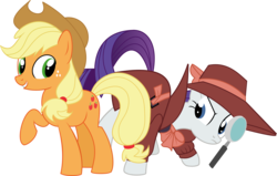 Size: 2557x1625 | Tagged: safe, artist:shootingstarsentry, applejack, rarity, g4, clothes, cowboy hat, detective, detective rarity, freckles, hat, magnifying glass, raised hoof, simple background, stetson, transparent background