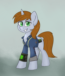 Size: 1240x1454 | Tagged: safe, artist:haruhi-il, oc, oc only, oc:littlepip, pony, unicorn, fallout equestria, clothes, cutie mark, fanfic, fanfic art, female, gray background, green eyes, hooves, horn, jumpsuit, mare, pipbuck, simple background, smiling, solo, teeth, vault suit