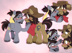 Size: 2978x2207 | Tagged: safe, artist:pilssken, earth pony, pegasus, pony, blushing, clothes, facial hair, gay, gradient background, hanzo, high res, jesse mccree, kissing, male, overwatch, ponified, shipping, stallion, unshorn fetlocks
