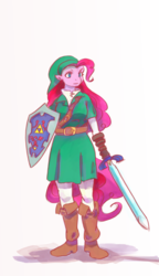 Size: 1280x2221 | Tagged: safe, artist:andretheusfelix, pinkie pie, earth pony, anthro, g4, clothes, cosplay, costume, female, hylian shield, link, solo, the legend of zelda