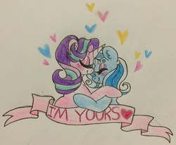 Size: 2670x2198 | Tagged: safe, artist:mscreepyplaguedoctor, starlight glimmer, trixie, pony, unicorn, g4, blushing, cute, diatrixes, duo, eyes closed, female, glimmerbetes, heart, high res, hug, lesbian, mare, ship:startrix, shipping, simple background, traditional art, white background