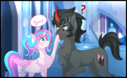Size: 800x492 | Tagged: safe, artist:derpsonhooves, king sombra, princess flurry heart, alicorn, pony, unicorn, g4, boop, cute, female, flurrybetes, hilarious in hindsight, male, mare, older, older flurry heart, question mark, revenge, smiling, sombradorable, stallion