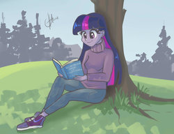 Size: 1024x785 | Tagged: safe, artist:xjenn9, twilight sparkle, equestria girls, g4, book, clothes, cyrillic, female, grass, pants, reading, russian, shoes, sitting, smiling, sneakers, solo, sweater, translated in the comments, tree