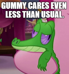 Size: 361x384 | Tagged: safe, edit, edited screencap, screencap, gummy, pinkie pie, alligator, earth pony, pony, g4, my little pony: the movie, cropped, gummy doesn't give a fuck, image macro, meme, solo focus