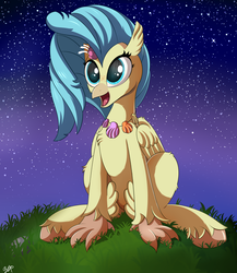 Size: 2600x3000 | Tagged: safe, artist:orangejuicerus, princess skystar, classical hippogriff, hippogriff, g4, my little pony: the movie, cute, happy, high res, night, skyabetes, stargazing