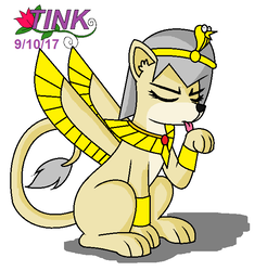 Size: 638x648 | Tagged: safe, artist:pencil bolt, oc, oc:crystal, oc:crystal the sphinx, cat, sphinx, female, gold, licking, tongue out