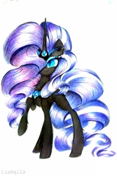 Size: 1544x2317 | Tagged: safe, artist:liaaqila, idw, nightmare rarity, pony, g4, corrupted, evil, female, hair over one eye, raised hoof, simple background, smiling, solo, traditional art, white background