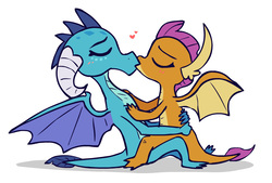 Size: 867x586 | Tagged: safe, anonymous artist, princess ember, smolder, dragon, g4, school daze, 4chan, dragoness, duo, female, heart, hug, kiss on the lips, kissing, lesbian, lesbian kiss, shipping, simple background, smember, white background