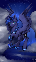 Size: 1000x1700 | Tagged: safe, artist:varllai, princess luna, alicorn, pony, g4, cloud, digital art, female, flying, looking at you, mare, metal, night, sky, solo