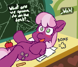 Size: 1220x1050 | Tagged: safe, artist:threetwotwo32232, applejack, cheerilee, trixie, earth pony, pony, g4, apple, aura, battle aura, blushing, broken leg, chalkboard, desk, dialogue, dio brando, female, food, jojo's bizarre adventure, jotaro kujo, mare, oh you're approaching me, pomf, school, solo, stardust crusaders, what are we gonna do on the bed?, when you see it